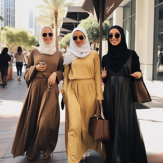 Photo three women pose for a picture in front of a building