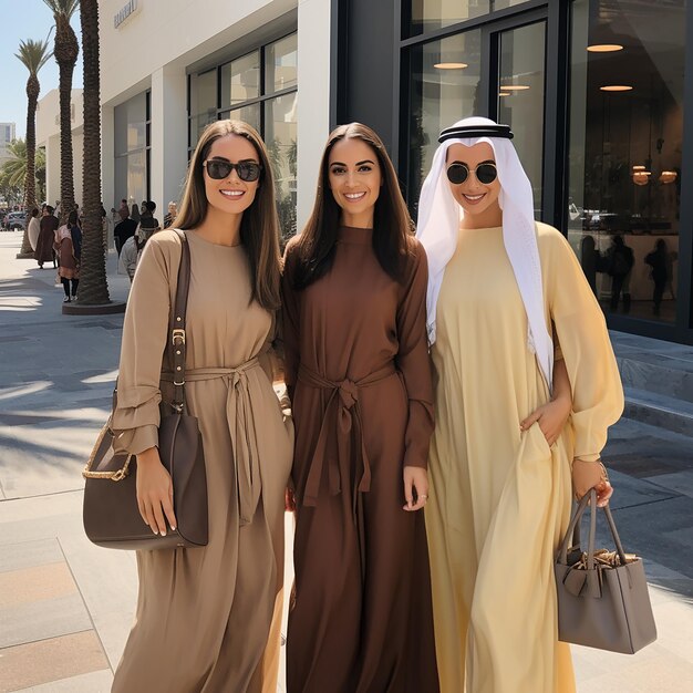 Photo three women pose for a picture in front of a building