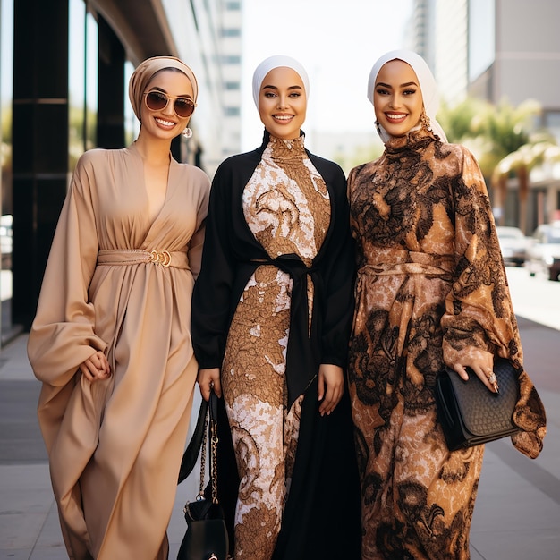 Photo three women pose for a picture in front of a building