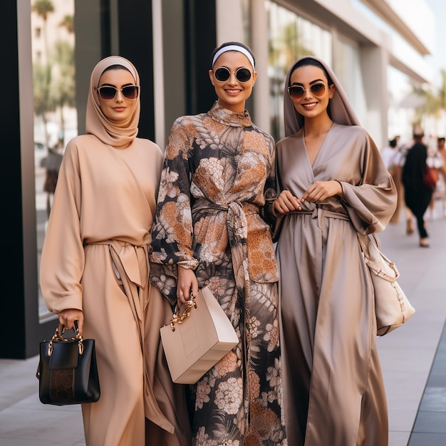 Photo three women pose for a picture in front of a building