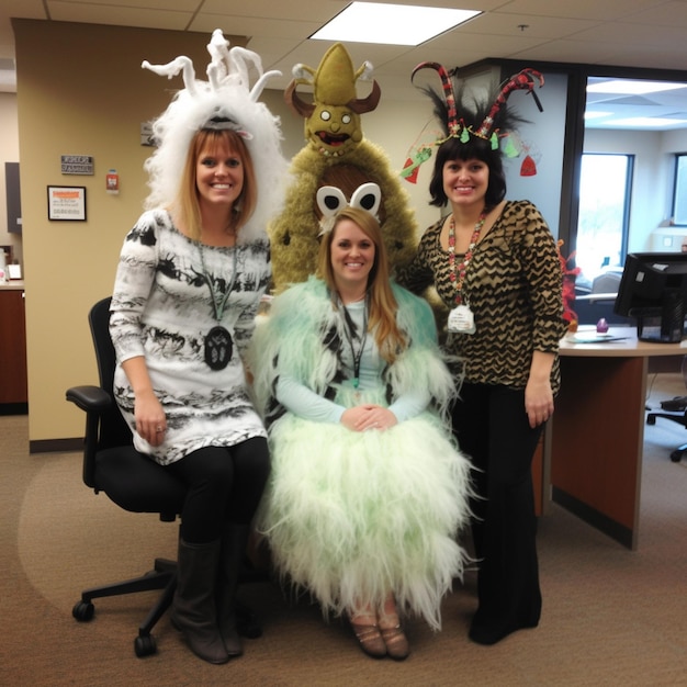 Three women pose for a picture with a costume that says " i'm a cow ".