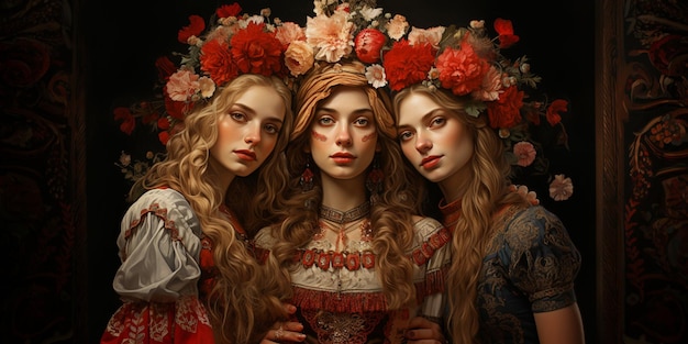 three women in renaissance dress posing for a photo with flowers in their hair generative ai