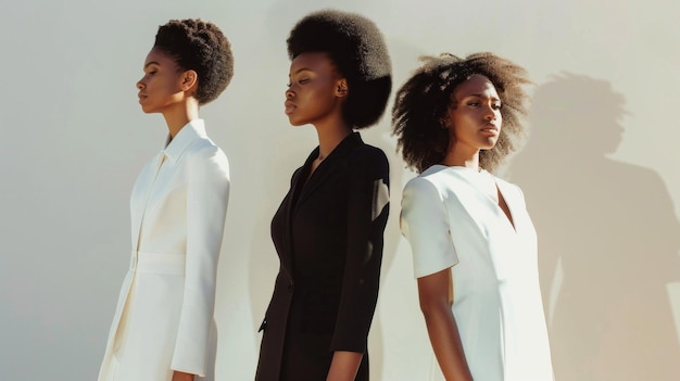 Three women in a row with silhouettes highlighted by sunlight Left woman in white suit middle in black suit and right in white dress