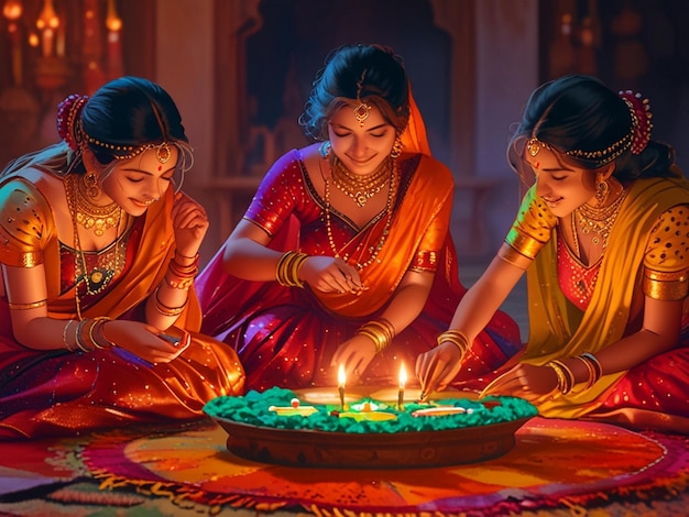 three women in saris are sitting in front of a cake with candles