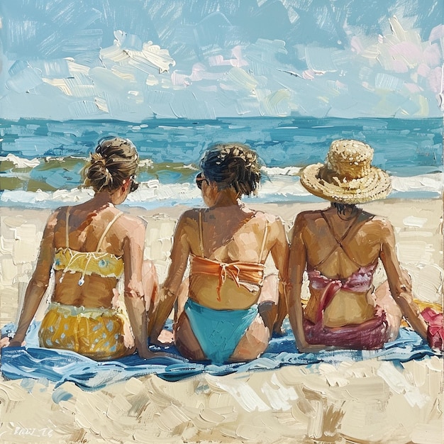 three women sit on the beach one of which is wearing a bikini