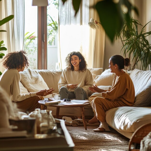 three women sit on a couch one of which has a coffee cup in her hand