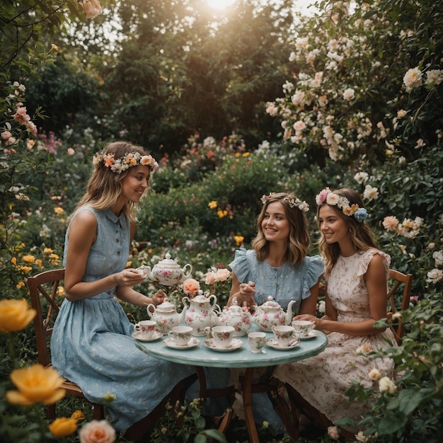 Photo three women sit at a table with tea cups and tea cups