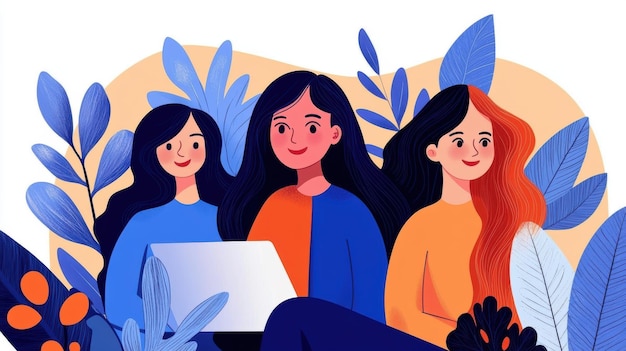 Three women sitting around a laptop with leaves and plants AI