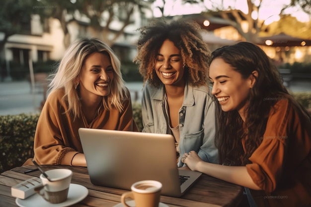 Three women sitting at a table with a laptop and coffee on the table