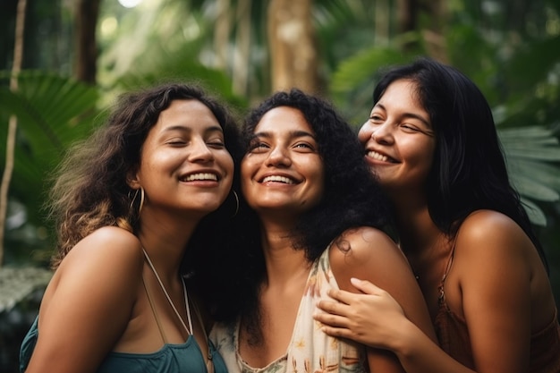 Three women smiling and hugging in a forest