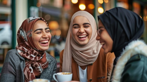 three women smiling and laughing with a cup of coffee