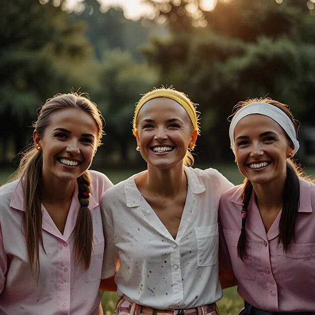 Photo three women smiling and wearing pink shirts with the sun behind them