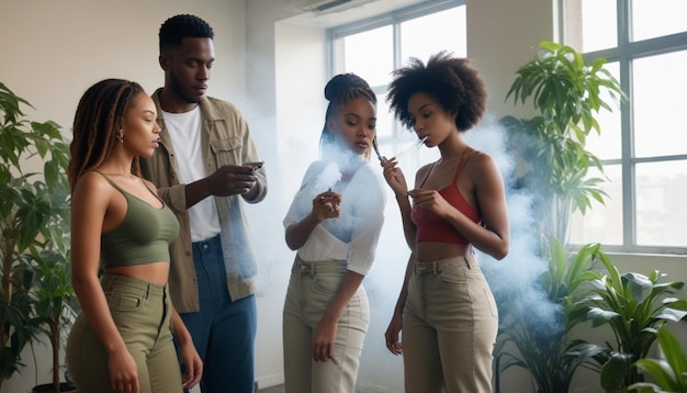 three women smoke smokes in a room with a plant and a plant in the background