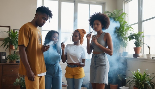 three women smoke smokes in a room with a plant and a plant in the background