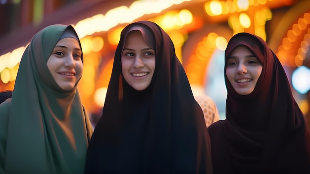 Three women stand in a row, one of them is wearing a hijab.