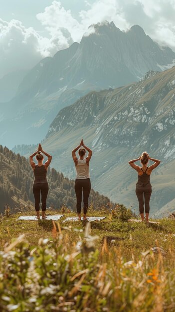 Photo three women stand in a yoga pose on a grassy mountaintop gazing at the breathtaking view of towering peaks and a valley below