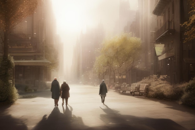 Three women walking down a street in the sunlight