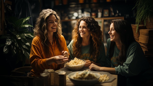 Three women watching a movie at home while eating popcorn