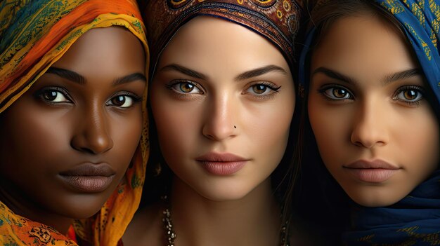 three women wearing colorful headscarves and scarves Three women adorned in vibrant headscarves and scarves