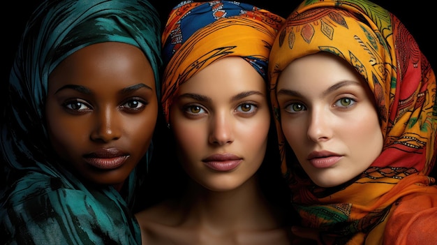 three women wearing colorful headscarves and scarves Three women adorned in vibrant headscarves and scarves