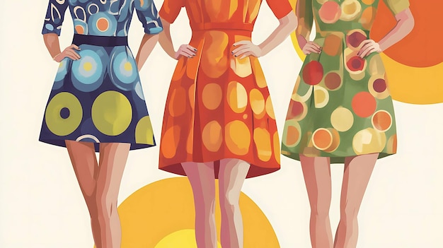 Photo three women wearing colorful retro dresses with polka dot patterns stand side by side