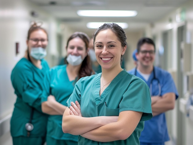 Photo three women wearing green scrubs stand in front of a hospital corridor