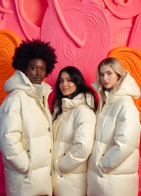 three women in white coats and a pink background with a heart behind them