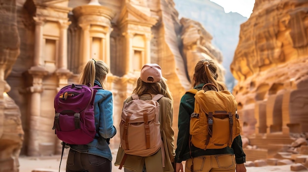 Three women with backpacks admire ancient architecture