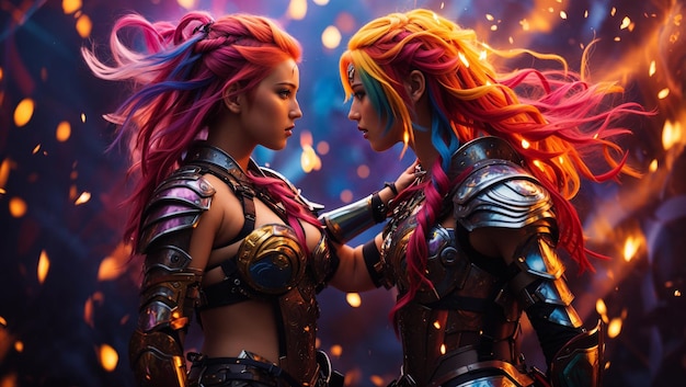 Three women with colorful hair and armor are standing in front of a fiery background