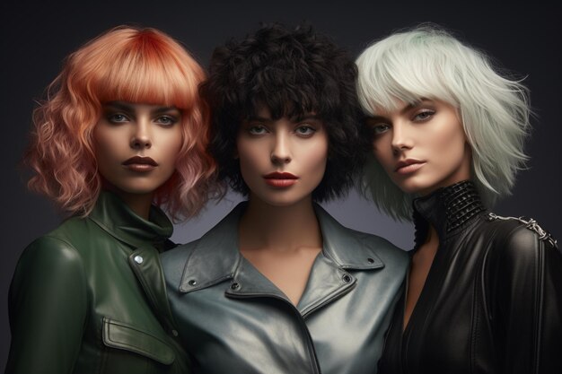 Three women with different colored hair one looking at the camera