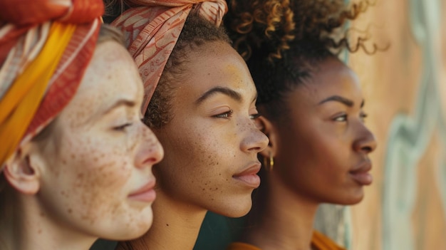 Three women with different colored hair and skin tones are standing together