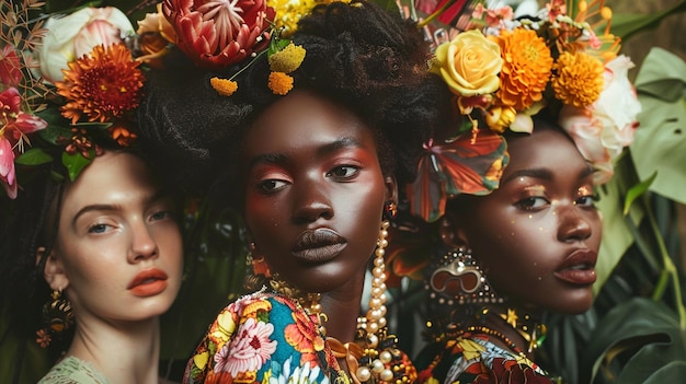 Three women with flowers in their head