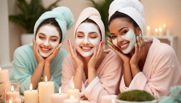 three women with makeup on their faces one of them has a candle in her hand