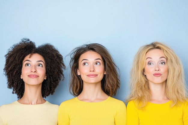 Photo three women in yellow shirts expressing different emotions against a blue background