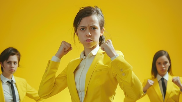 Photo three women in yellow suits stand in front of a bright yellow background their fists clenched in a powerful stance