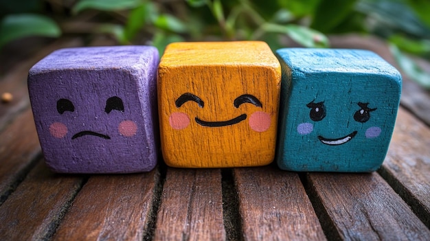 Photo three wooden blocks with faces that say smiley faces