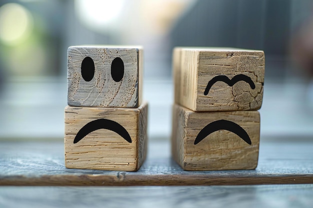 Photo three wooden blocks with one with the eyes drawn on them