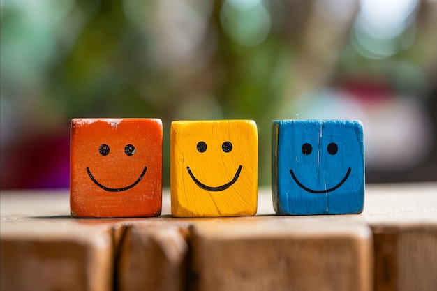 Three wooden blocks with smiling faces on them