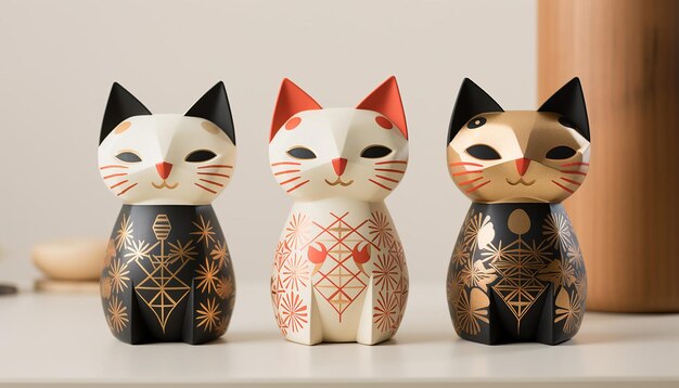 Photo three wooden cats are sitting on a shelf one of which has a design on the front