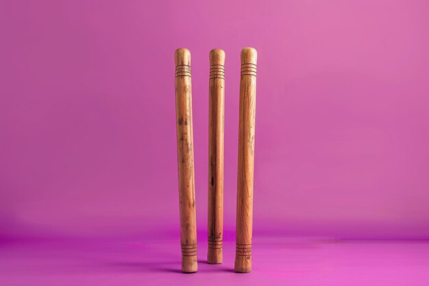 Three Wooden Cricket Wickets Standing on a Pink Background