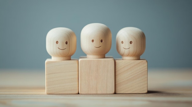 Photo three wooden cubes with one that says smiley face on the top