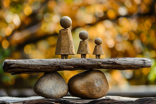 Three wooden figures on a log with a tree in the background