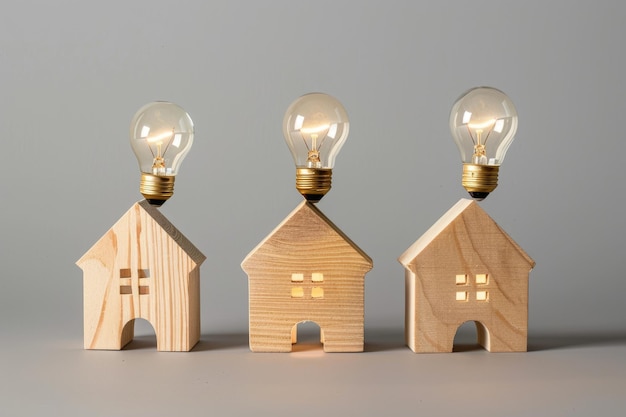 Three Wooden Houses with Light Bulbs on Top