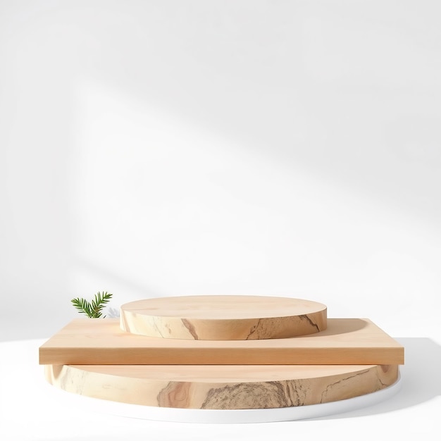 Three wooden platforms stacked on top of each other on a white background with a small green plant