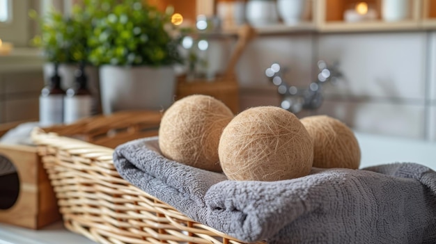 Three wool dryer balls placed on a white towel surrounded by green plants in a laundry room