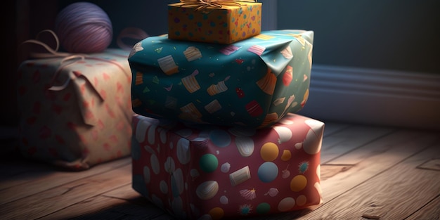 Three wrapped presents are stacked on top of each other, one of which says'happy birthday'on it