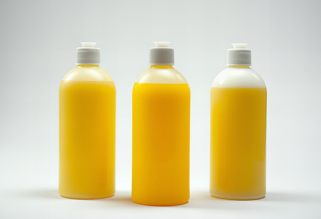 three yellow bottles with a white cap and a white top