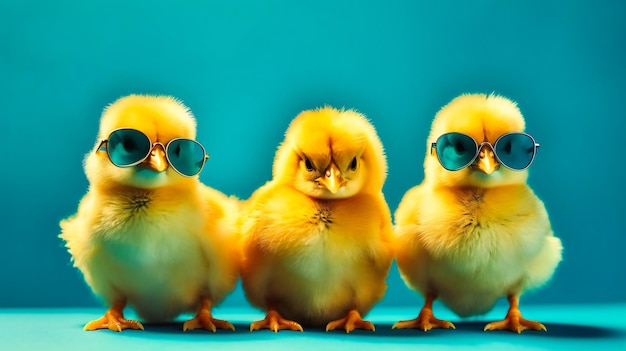 Three yellow chicks wearing sunglasses