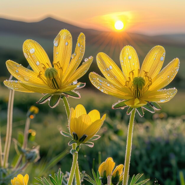 Three yellow flowers against a sunset sky in a field