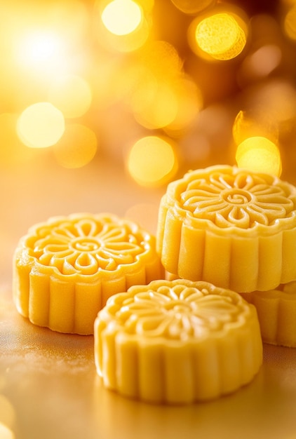 Photo three yellow mooncakes in various shapes on a dining table with a golden background and soft